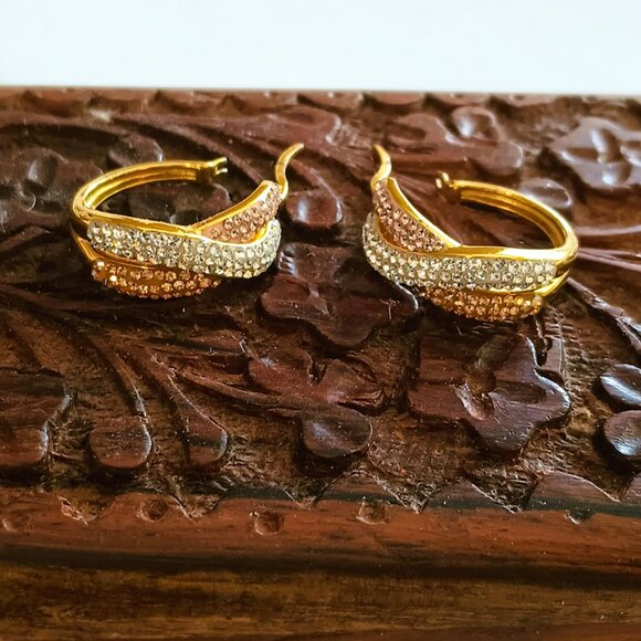 925 Pave Twisted Hoop Earrings Gold over Sterling Silver Pierced - Picture 2 of 13